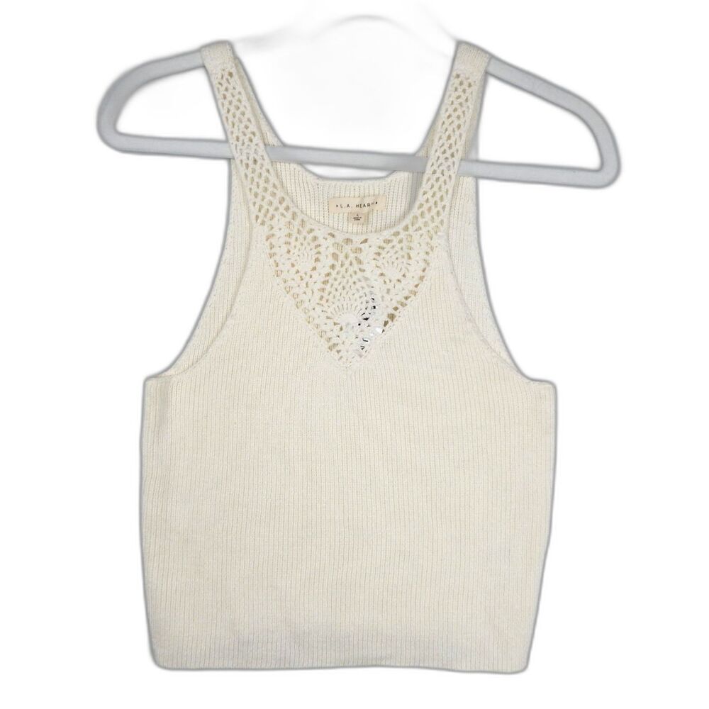 LA Hearts Crochet Lace Knit Sweater Tank Ivory Top Boho Chic Old Money Pointelle